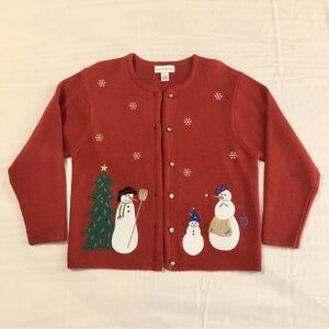 Croft & Barrow Christmas Holiday Snowman Button Up Cardigan Sweater Small Red